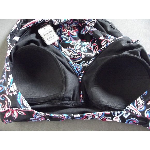 Time & Tru Missy Medium One Piece Swimsuit black blue pink paisley halter v-neck - Picture 6 of 9